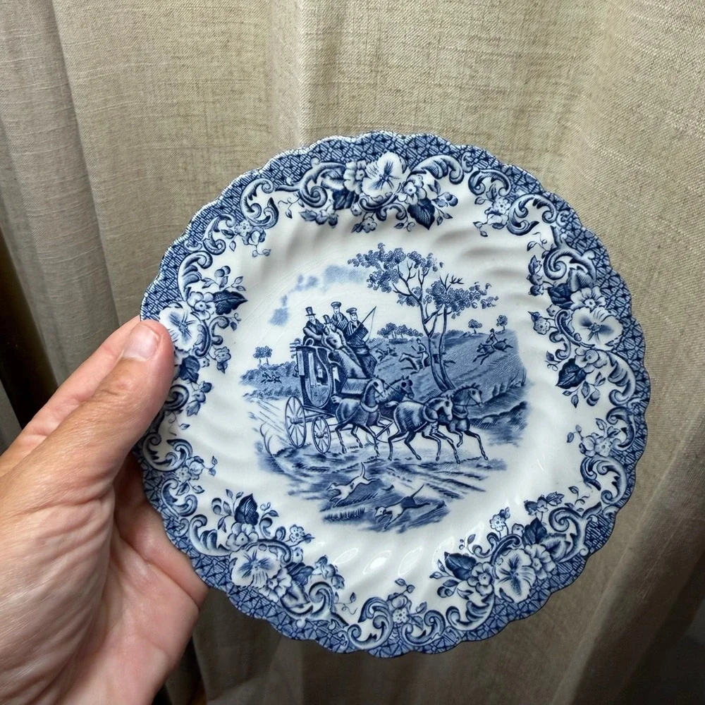 Vintage Johnson Brothers Coaching Scenes Blue Bread Butter Plates Pair